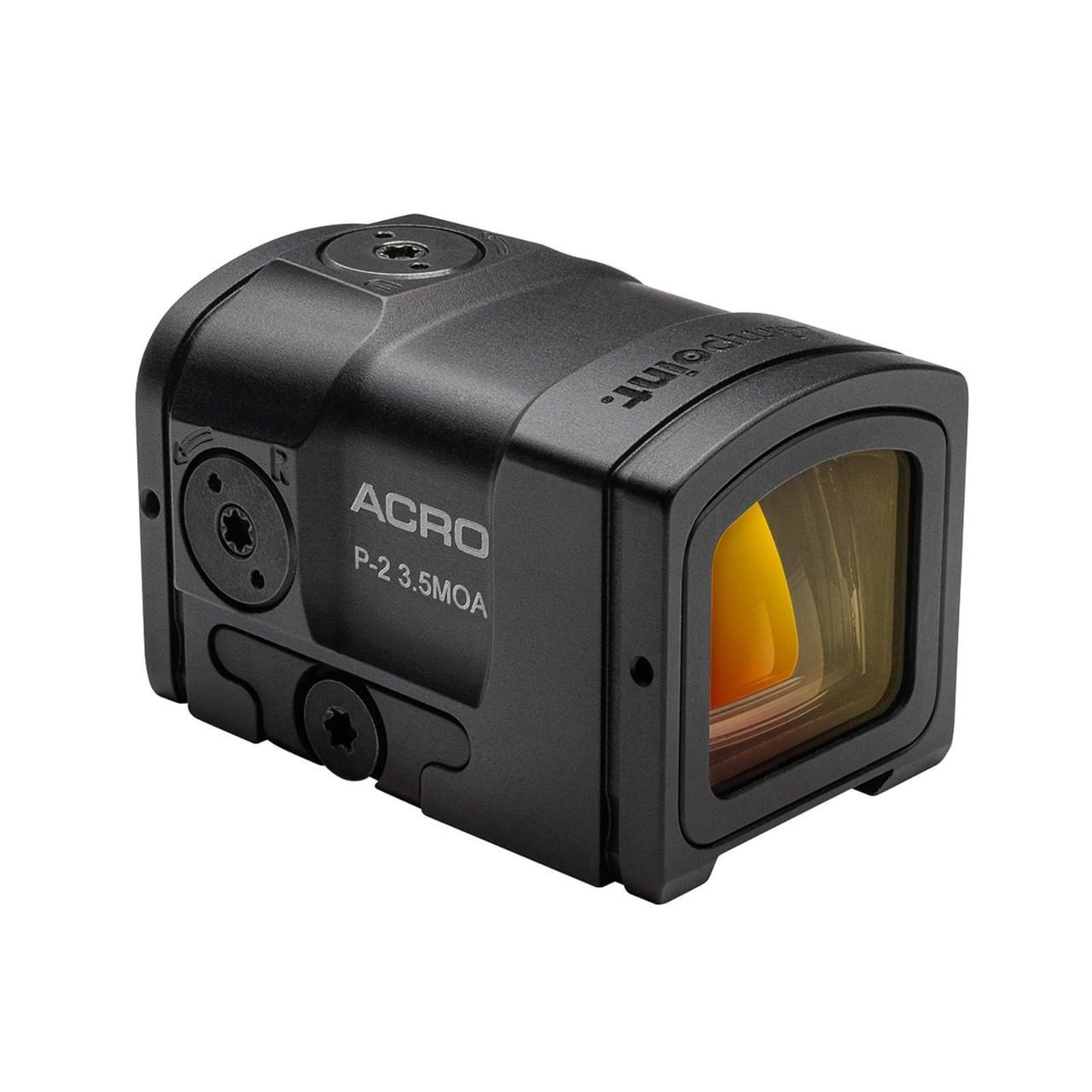 Black Aimpoint Acro P-2 enclosed red dot sight, three-quarter front view on a white background