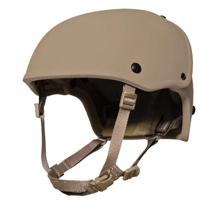 Tan Crye Precision AirFrame helmet with chinstrap, three-quarter view on a plain background