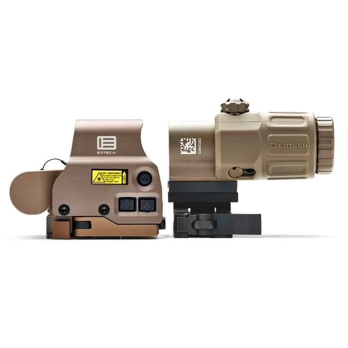 Tan EOTECH EXPS3 holographic sight and G33 magnifier on a switch-to-side mount, side profile