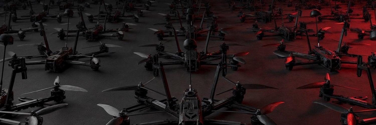 Rows of F10 FPV drones at the F-Drones facility