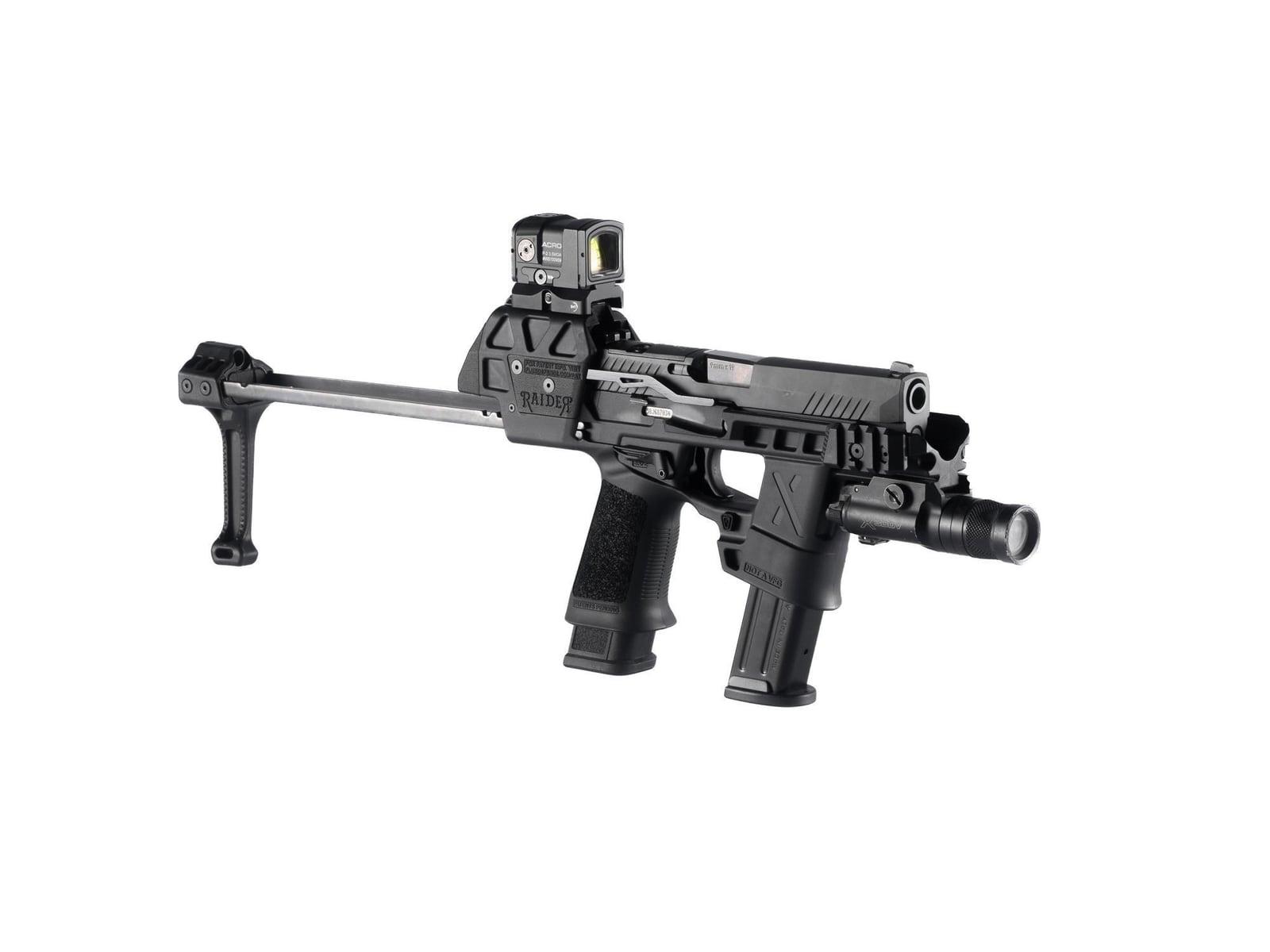 Flux Raider X chassis built on a P320 with red dot optic and weapon light, brace deployed