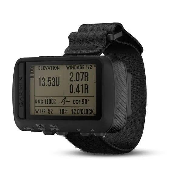 Black Garmin Foretrex 701 on a wrist strap showing a ballistic windage and elevation screen