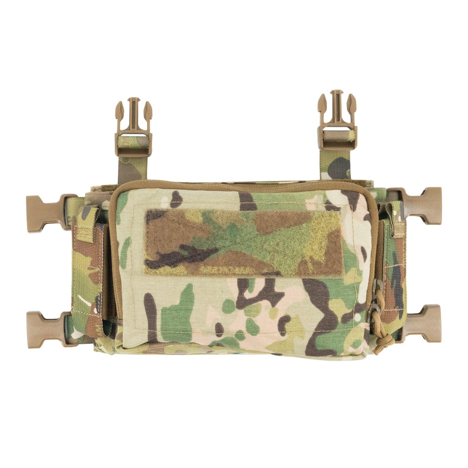 MultiCam Haley Strategic D3CRM Micro Chest Rig placard, front view with buckles