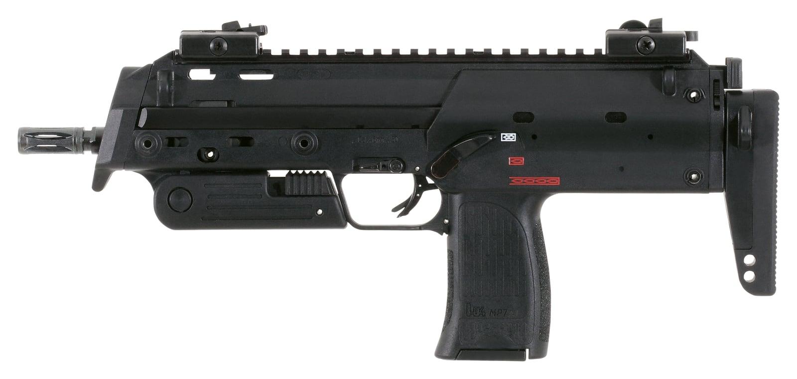 Heckler & Koch MP7A1 submachine gun, left side profile with stock collapsed