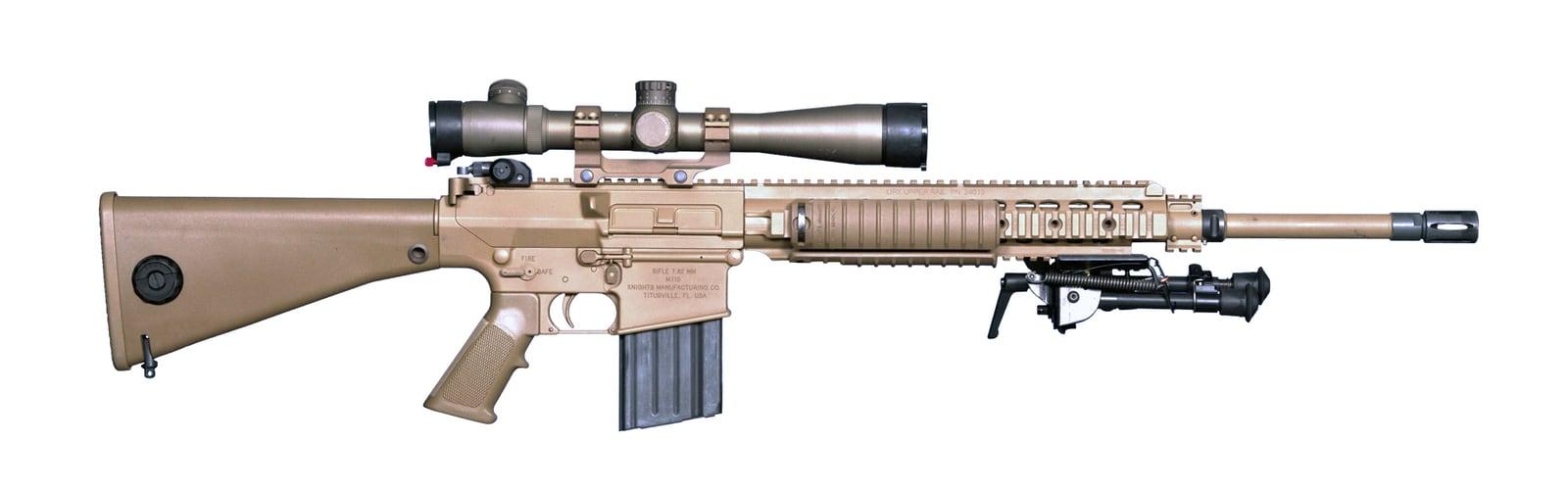 Knight's Armament M110 sniper rifle in tan with riflescope and bipod, right side profile