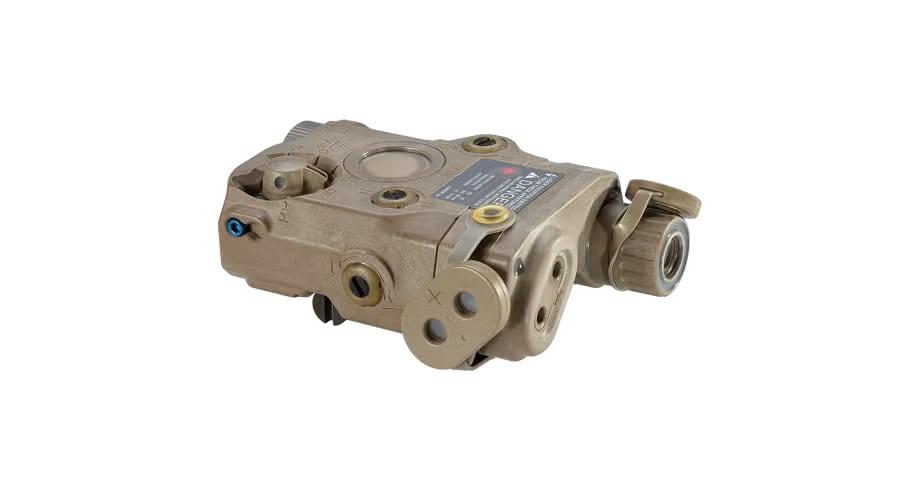 Tan L3Harris ATPIAL aiming laser with rail grabber mount, three-quarter view