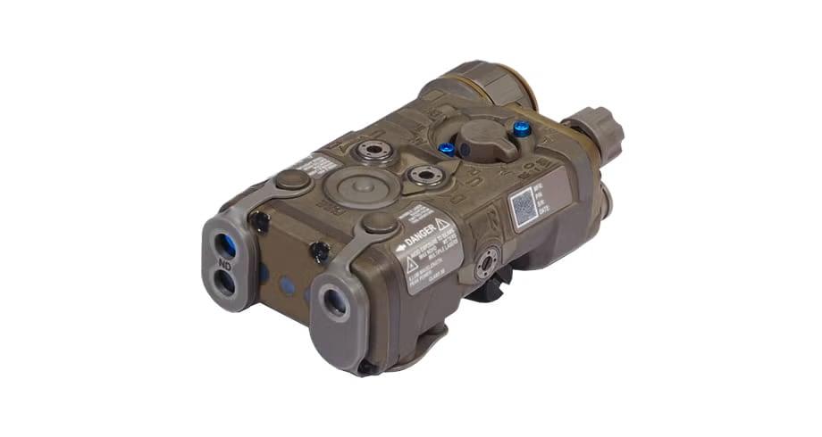 Tan L3Harris NGAL aiming laser with twin emitter lenses, three-quarter view