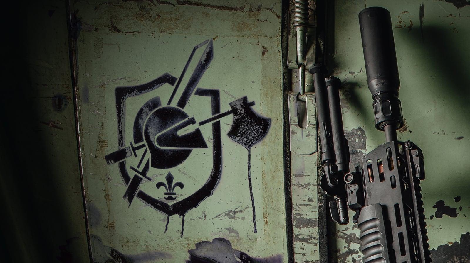 Suppressed LAMG standing against a painted metal wall