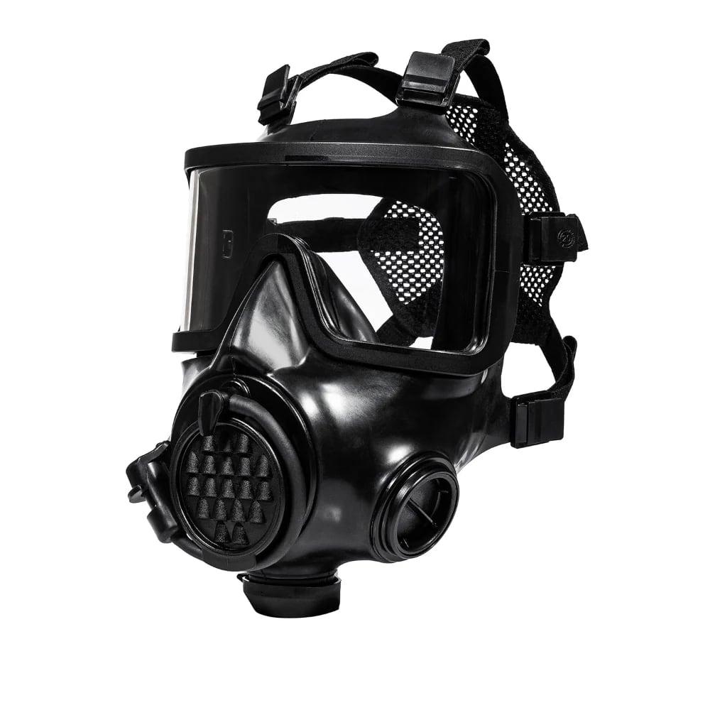 Black MIRA Safety CM-8M gas mask with panoramic visor and mesh head harness, three-quarter view on a white background