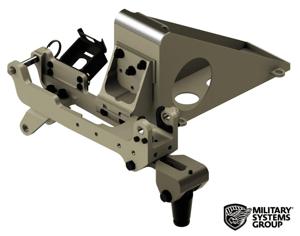 Rendering of a tan Military Systems Group H24 machine gun mount with ammunition holder and tapered pintle