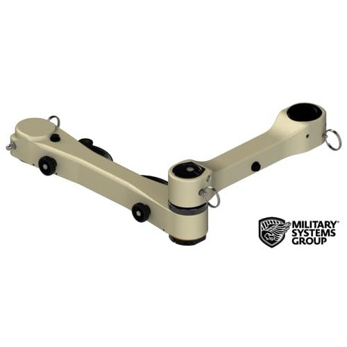 Rendering of a tan Military Systems Group SA12 double-articulating swing arm with quick release pins