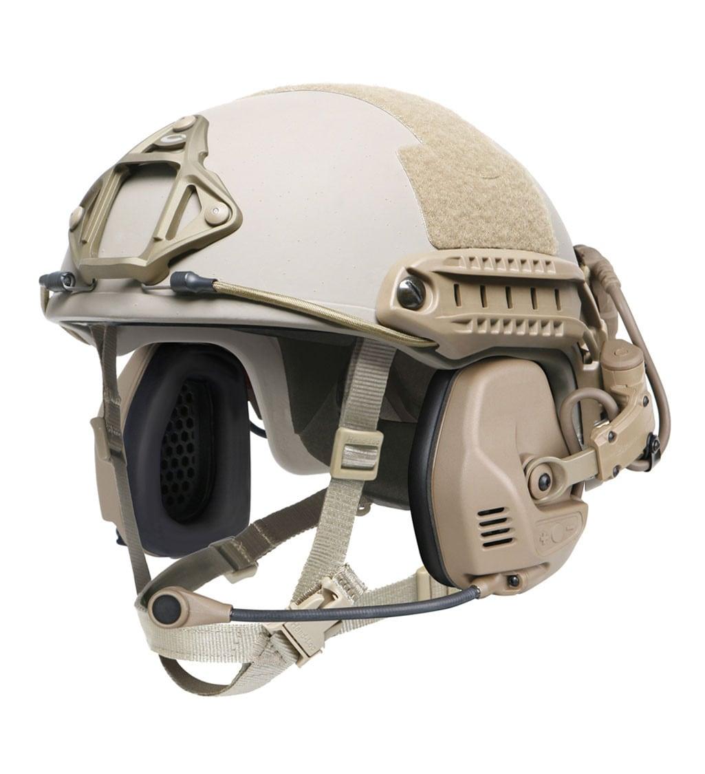 Tan Ops-Core RAC headset mounted on the side rails of a tan FAST helmet with boom microphone