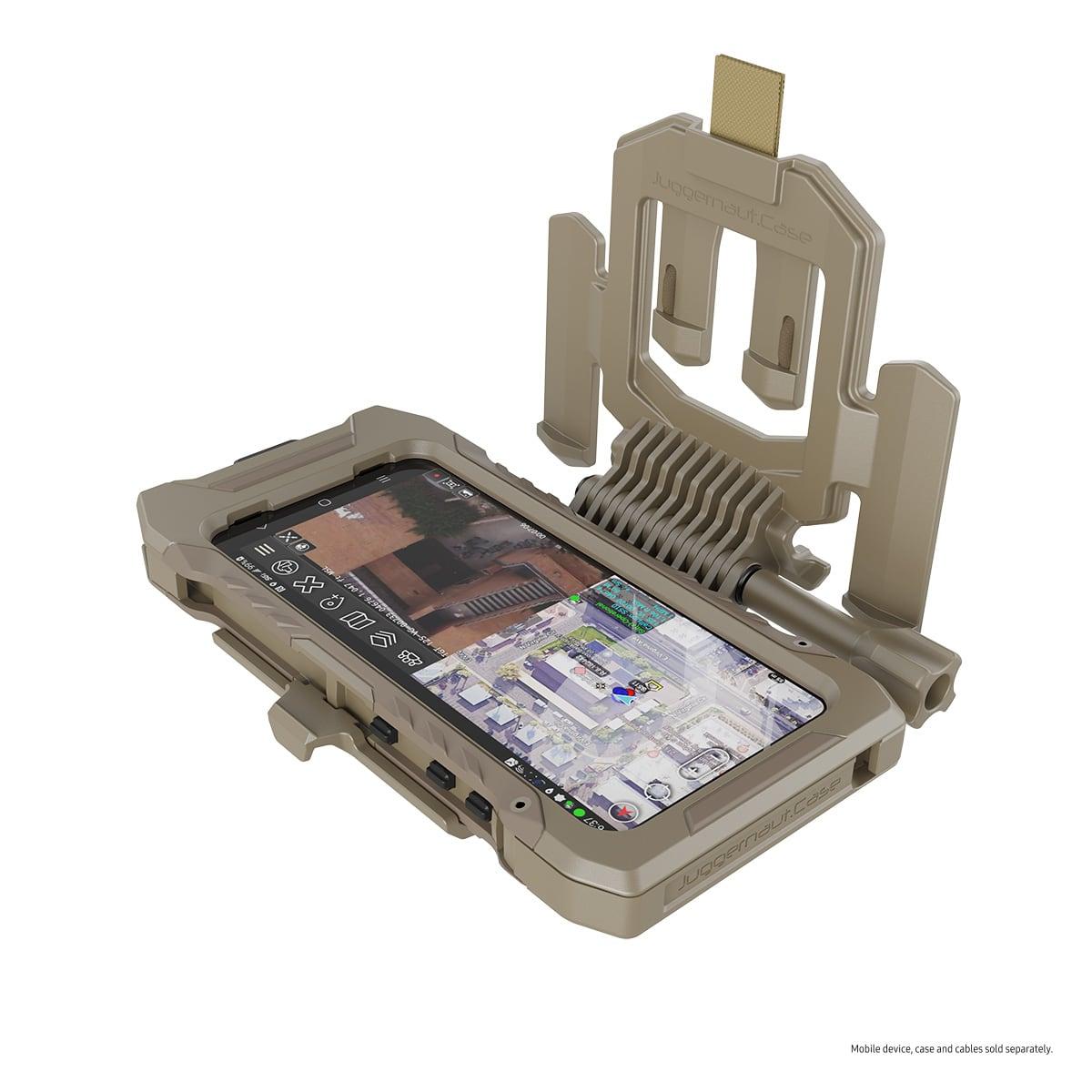 Galaxy S23 Tactical Edition in a rugged tan case with a folding chest mount