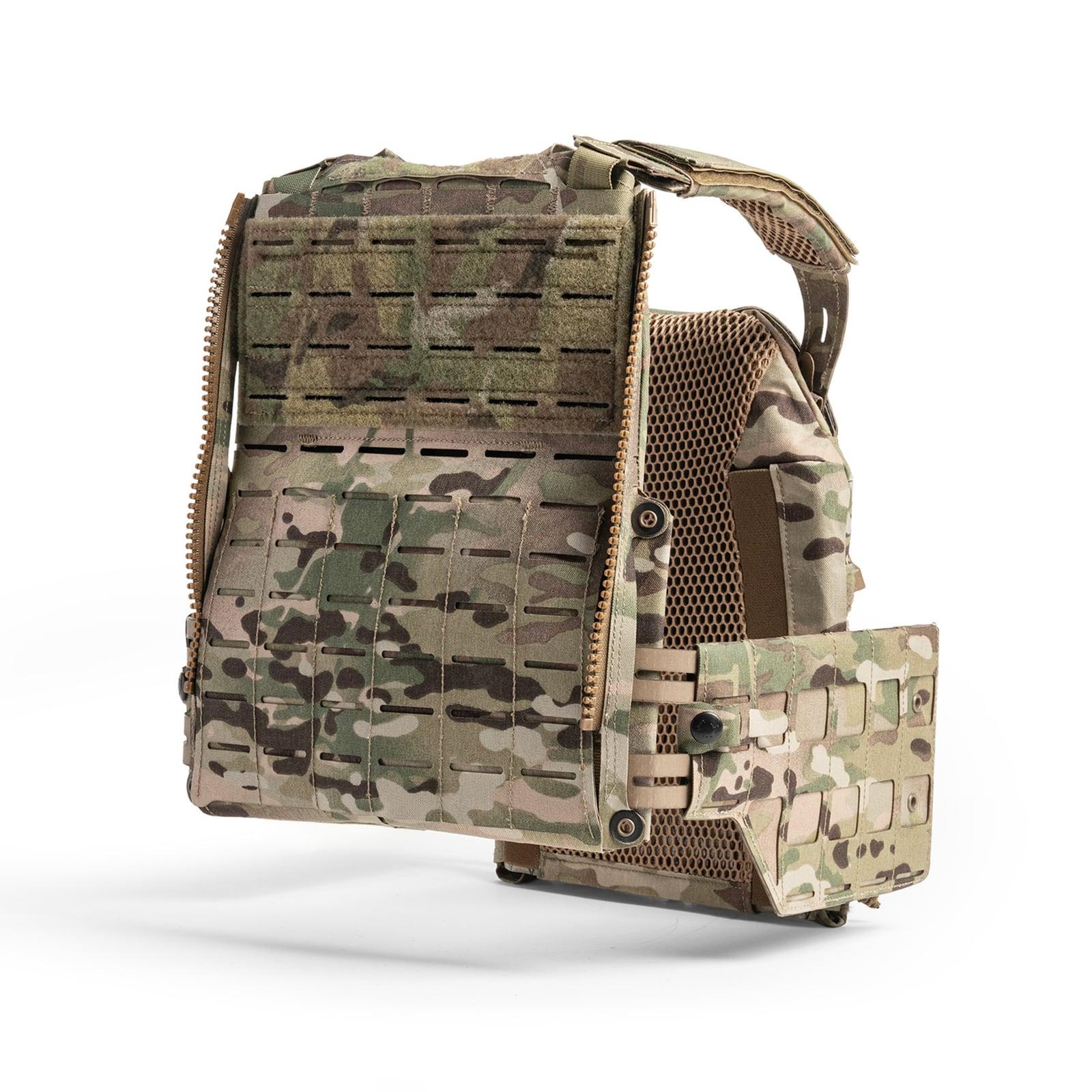 LV-120 plate carrier in MultiCam, rear three-quarter view of the MOLLE back panel
